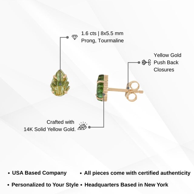 Modern 1.6ct Carved Green Tourmaline Leaf Stud Earrings in 14k Yellow Gold- 2 Pieces For Sale - Image 12 of 14