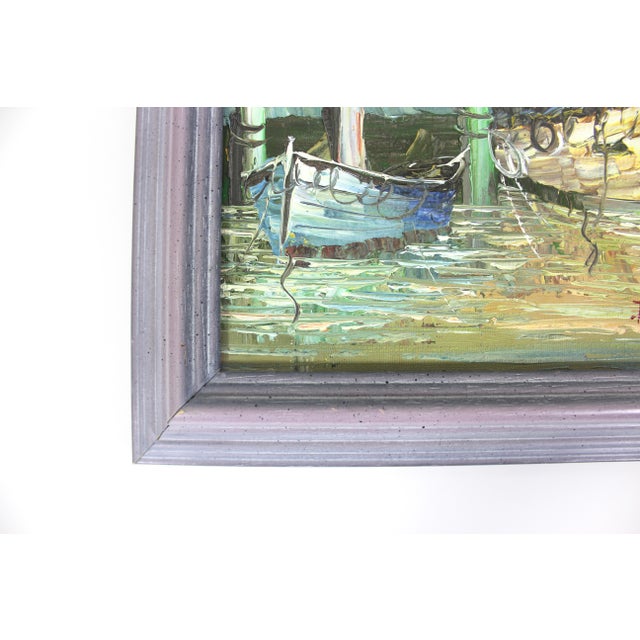 Signed Vintage Oil Painting, Marina Sailboats, Mid-Century Nautical Art For Sale - Image 4 of 9