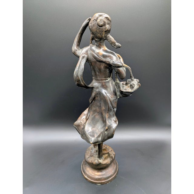 Antique Victorian-Style Bronze Sculpture: Girl With Basket For Sale In Portland, OR - Image 6 of 10