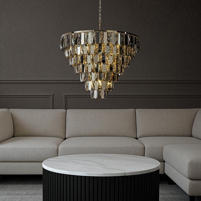 Silver Aloadecor 12-Light Dimmable 7-Tier Smoked Crystal Chandelier Large Modern Luxury Pendant Light With Polished Nickel Finish and Stainless Steel Accents For Sale - Image 8 of 9