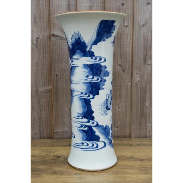 Chinese Blue and White Porcelain Sleeve Vase with Warriors and Military Procession For Sale - Image 3 of 18