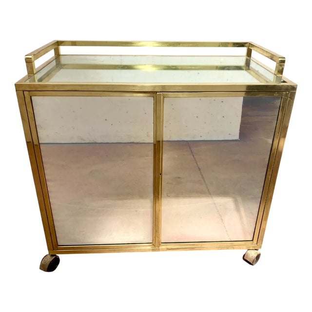 20th-Century Rolling Bar in Brass with Mirrored Front, 1970s For Sale