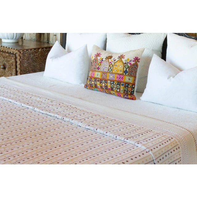 Indian Summer White Quilted Cotton Kantha Bedcover For Sale - Image 3 of 8