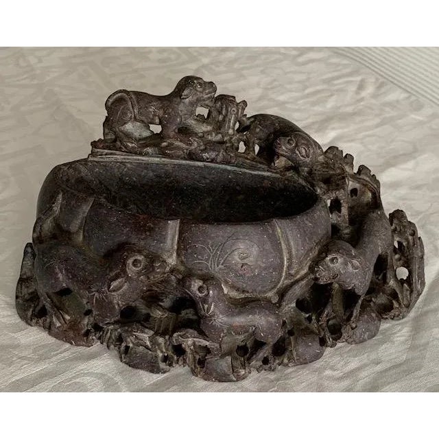 Art Deco Chinese Antique Carved Dogs Soapstone Brush Washer & Stand For Sale - Image 3 of 11