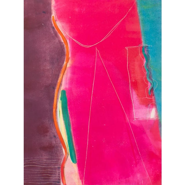 An abstract monoprint by the American artist Andrea Geer. Layers of pink, blue, purple, red, and white create a dynamic...
