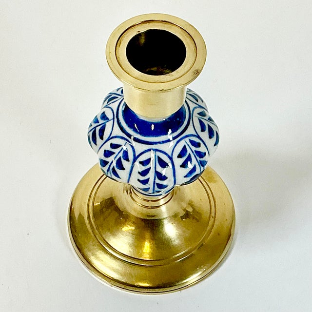 Mid-Century Boho Chic Hollywood Regency Ceramic Delft Blue & White, Brass Candle Holder For Sale - Image 9 of 11