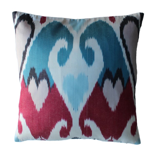 Sky Blue Contemporary Turkish Red & Blue Silk Ikat illow For Sale - Image 8 of 8
