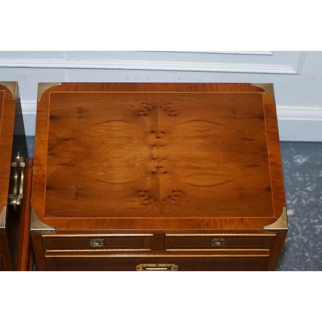 English Military Campaign Yew Wood & Brass Nightstands, Set of 2 For Sale - Image 11 of 16
