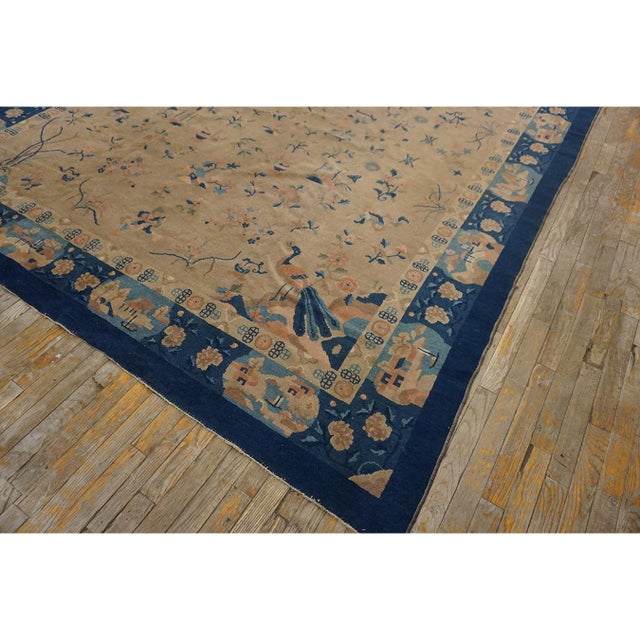 1920s Camel Floral Geometric Antique Chinese Peking Carpet 8'2" X 9'9" Wool Rug For Sale In New York - Image 6 of 11
