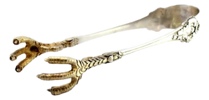 Silver Ice Tongs with Gold-Colored Claws, Raised Temples and Grooves