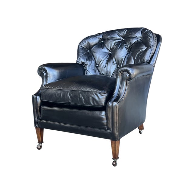 English Vintage English Black Leather Club Chair With Tufted Back & Casters For Sale - Image 3 of 12