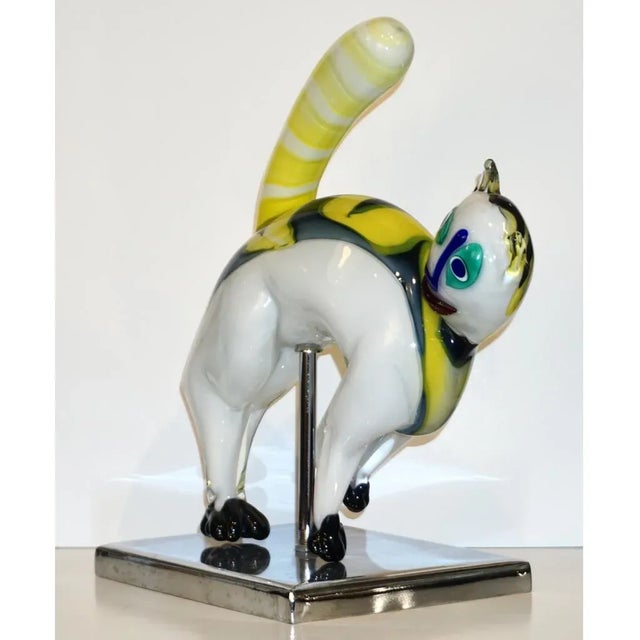 Alfredo Barbini Italian Modernist White Yellow Murano Art Glass Cat