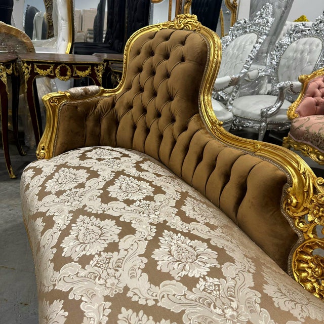 Chaise Lounge French Style Light Brown Velvet With Gold Details For Sale - Image 4 of 10