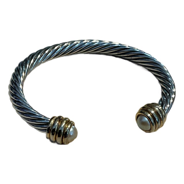 Vintage Silver Classic Cable Bracelet With Pearl Accents For Sale