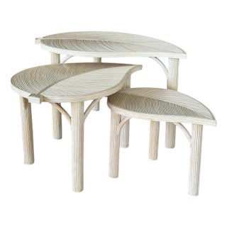 Vintage Sculptural Coastal Organic Modern Pencil Rattan Leaf Nesting Tables – Set of Three For Sale