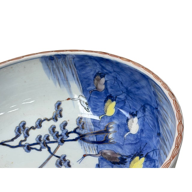 9.5" Asian Style Longevity Cranes Cloud Painted Porcelain Art Bowl For Sale - Image 14 of 14
