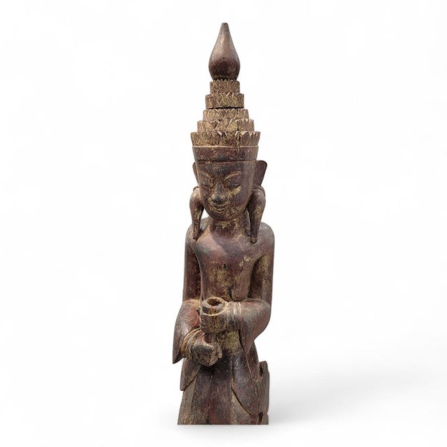 Antique Carved Natural Patina Dark Brown Lacquered Standing Burmese Monastic Attendant on Metal & Wood Pedestal Base - Set...