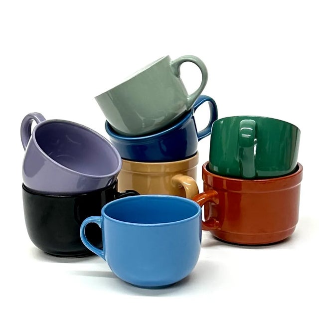 Vintage multi-colored mugs, group of 8. This is an eclectic assortment of cool-toned, multi-colored, medium ceramic soup...