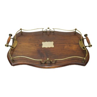 English Handled Wood Tray W/ Brass Accents For Sale