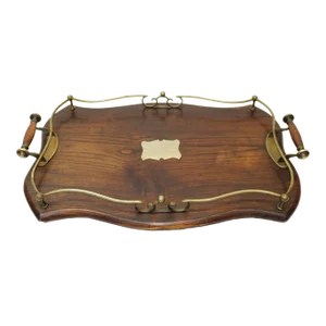 English Handled Wood Tray W/ Brass Accents