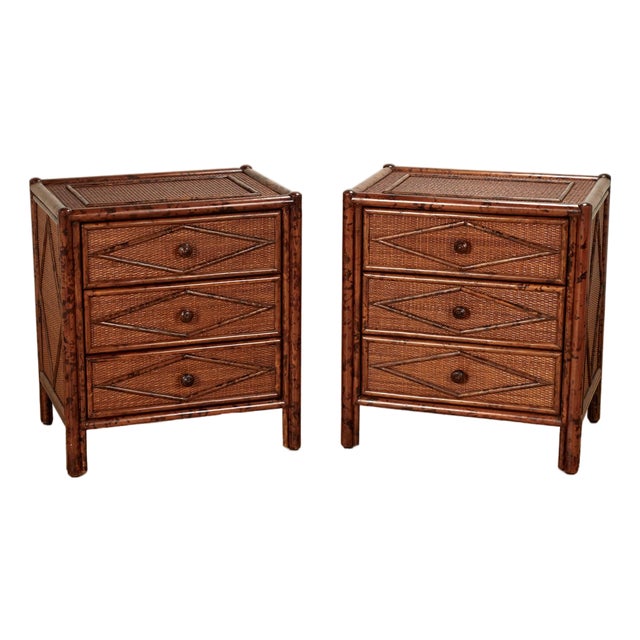 Pair of Vintage British Colonial Style Faux Bamboo and Grasscloth Stands For Sale