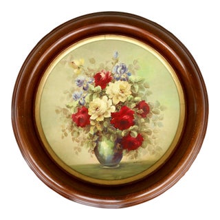 Vintage 1940s After Maurice Décamps Floral Still Life Lithograph in Round Wood Frame For Sale