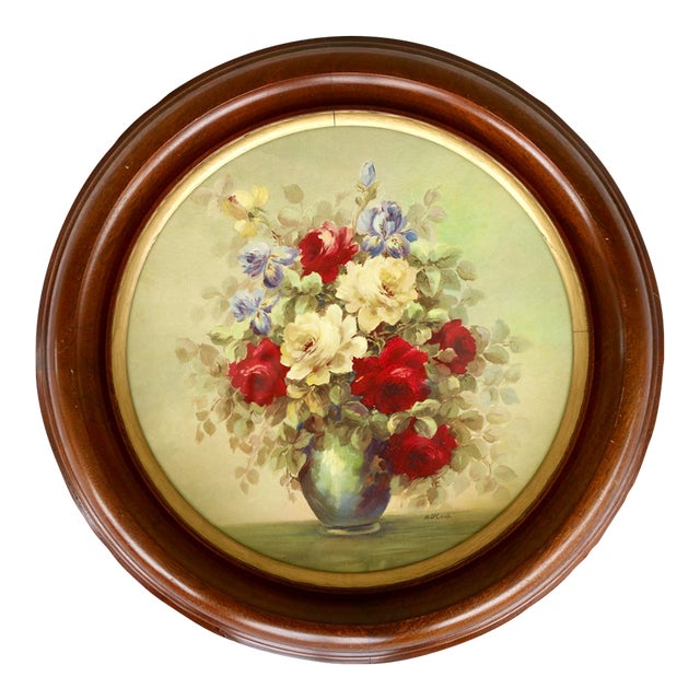 Vintage 1940s After Maurice Décamps Floral Still Life Lithograph in Round Wood Frame For Sale