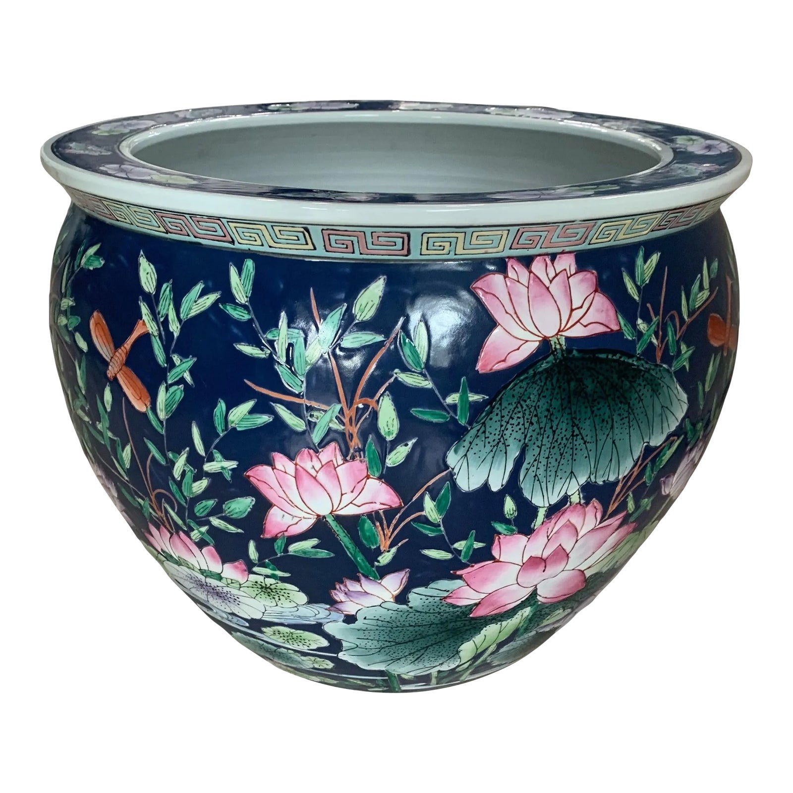 Late 20th Century Floral and Dragonfly Motif Large Porcelain Koi