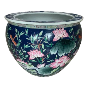 Late 20th Century Floral and Dragonfly Motif Large Porcelain Koi Fish Bowl Planter