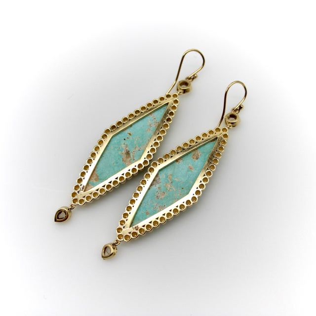 14k Gold Turquoise and Rose Cut Diamond Dangle Earrings, Pair For Sale In Los Angeles - Image 6 of 9