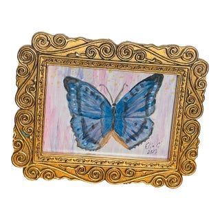 Abstract Modern Blue Butterfly Painting in Ornate Gold Frame For Sale