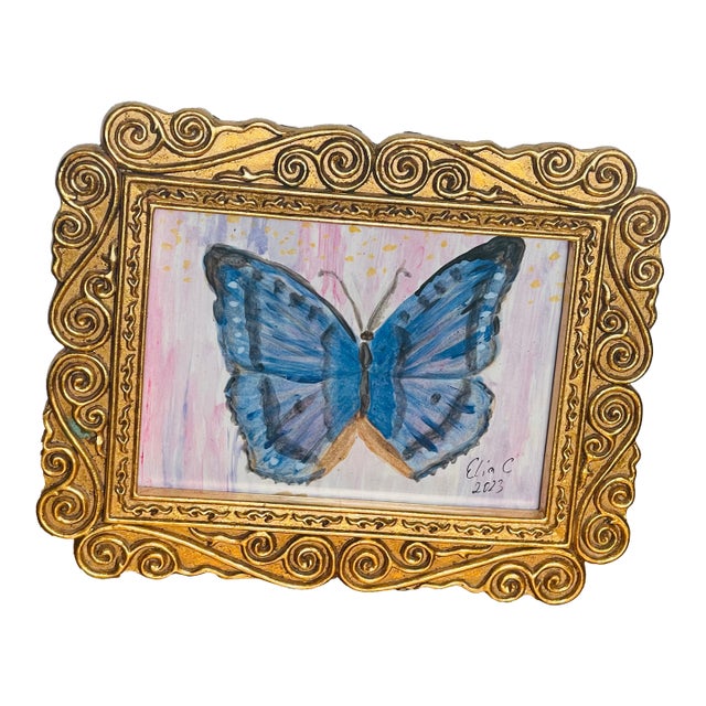 Abstract Modern Blue Butterfly Painting in Ornate Gold Frame For Sale