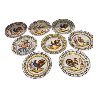 1990s Henriot Quimper Ceramic Plates With French Artisan Pottery Markings - Set of 8 For Sale
