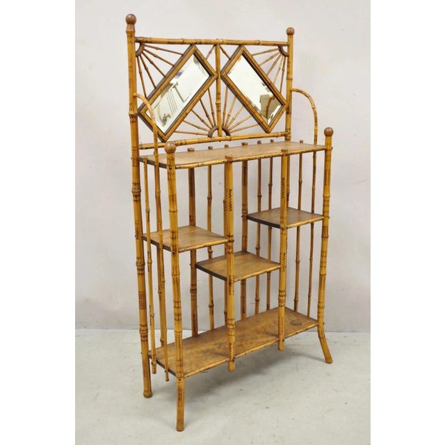 Antique 19th C English Victorian Bamboo Stick and Ball Curio Shelf Etagere w/ Mirror. Item features 2 beveled glass...