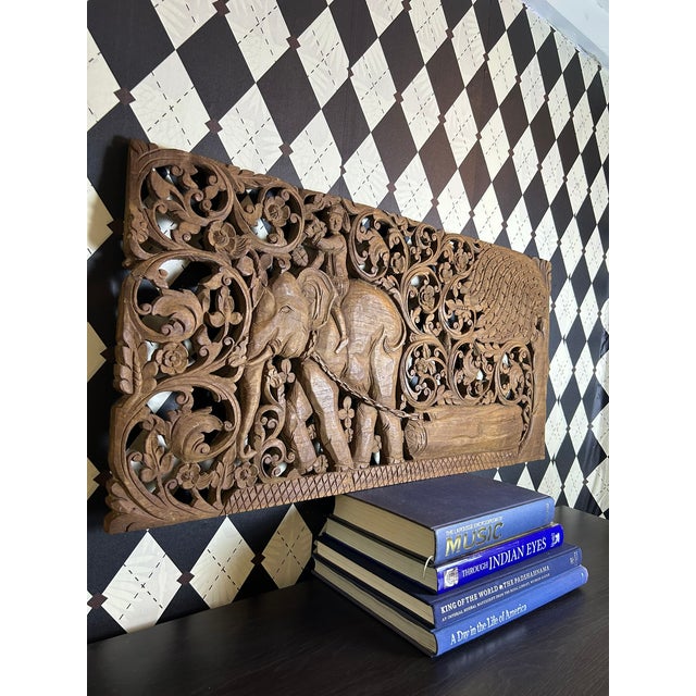 Hand-Carved Thai Teak Elephant & Rider Wall Panel With Floral Openwork, Large 36" For Sale - Image 10 of 13