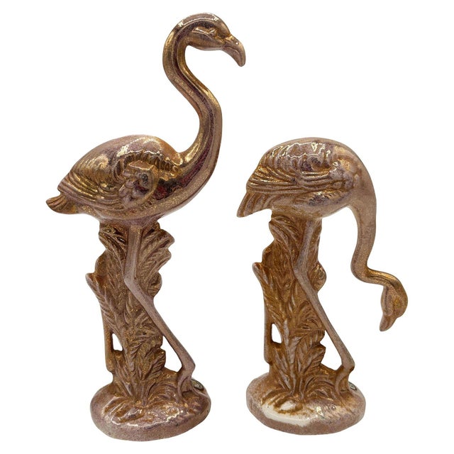 1950s Rare Mid 20th Century Speckled Gold Ceramic Pink Flamingo Statue by McCulloch, Pair For Sale - Image 5 of 7