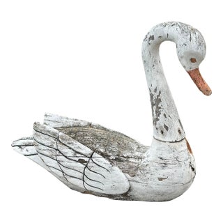 Wooden Swan Carved and Painted Decoy Sculpture For Sale