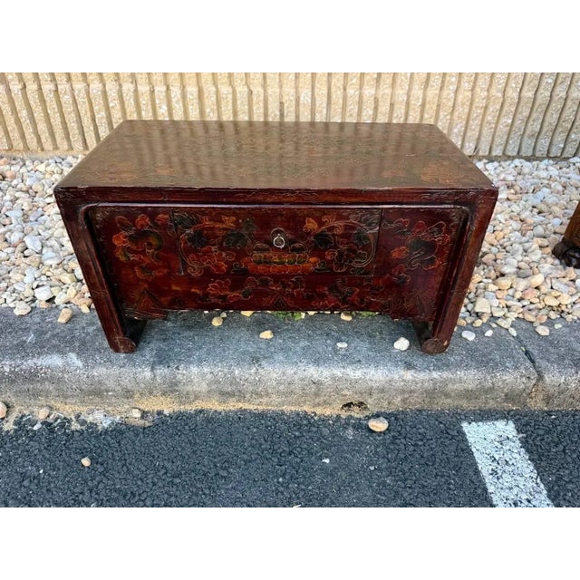 Antique Chinoiserie. Style Tibetan Polychrome Painted Small Chest/ Trunk With 1 Drawer It features with floral and cloud-...