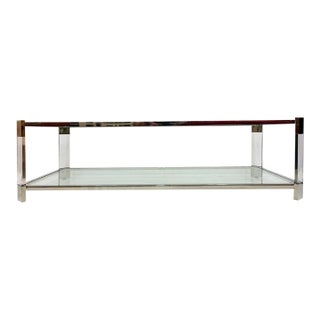 Vintage Chrome, Thick Lucite Coffee Table With Glass Shelves For Sale