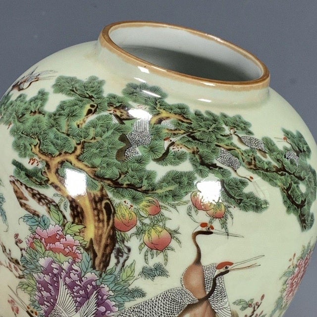 Celadon Vintage Chinese Celadon Famille Rose "Crane & Pine" Jar With Marchant London Label For Sale - Image 8 of 9