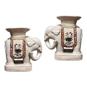 Mid-Century White Glazed Chinese Elephant Garden Seats - Set of 2