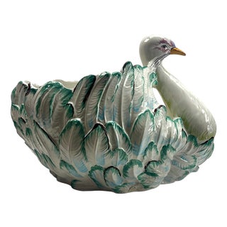 Large Hand-Painted Majolica Swan Jardinière, Italy, 1930s For Sale