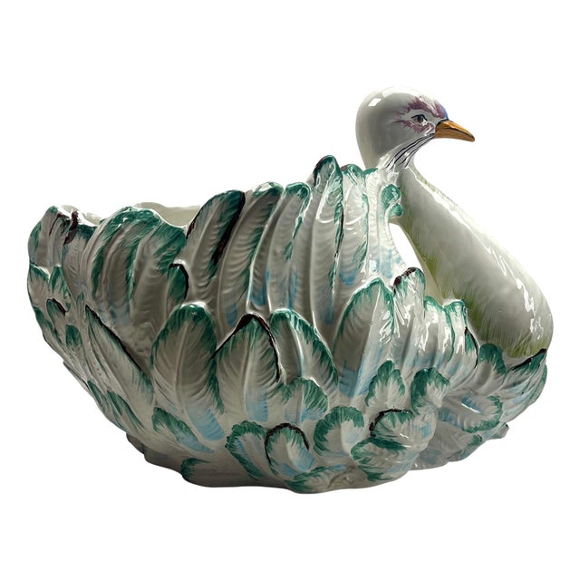 Large Hand-Painted Majolica Swan Jardinière, Italy, 1930s For Sale