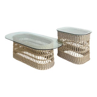 1970s Wicker, Glass Coffee Table, Side Table Set Henry Link, Lexington Attributed For Sale