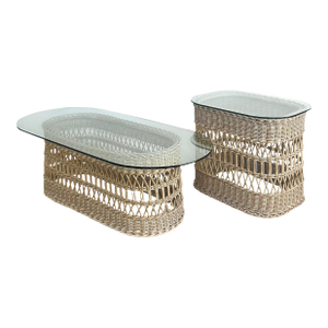 1970s Wicker, Glass Coffee Table, Side Table Set Henry Link, Lexington Attributed