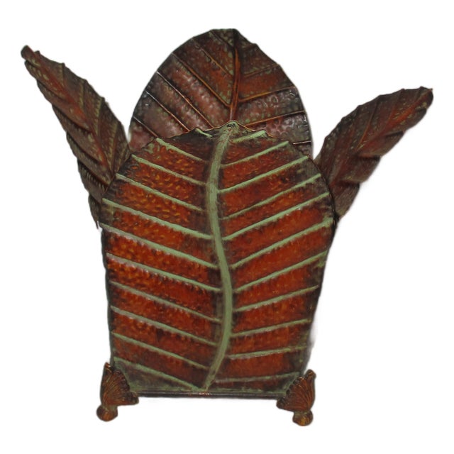 Vintage Deep Bronze & Green Metal Tropical Leaf Wastebasket For Sale