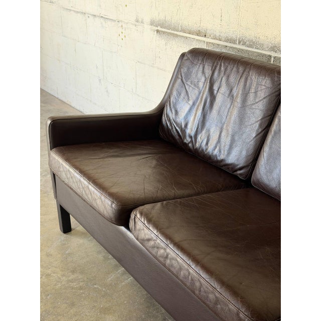 Burnt Umber Dark Brown Leather Three-Seater Sofa With Black Legs Danish Mid-Century Modern 1970s For Sale - Image 8 of 11