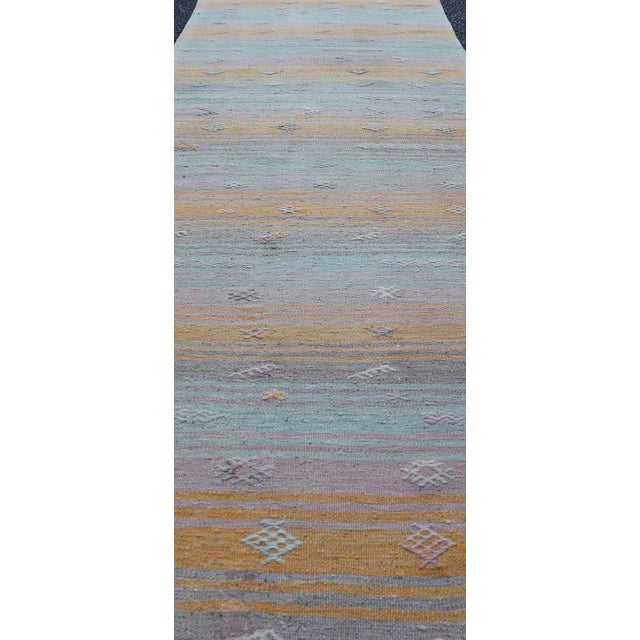 Textile Vintage Turkish Kilim Runner With Blue, Orange, and Soft Lavender Stripes For Sale - Image 7 of 11