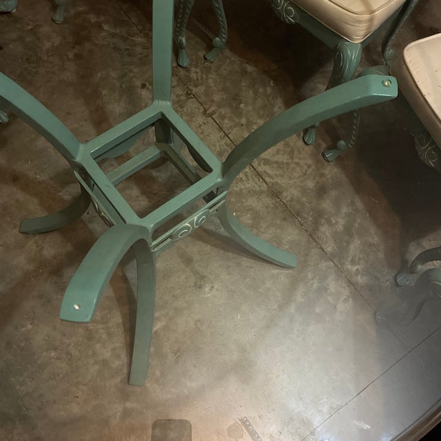 Hollywood Regency Veneman Cast Aluminum Clamshell Patio Set With Tags, Four Chairs, Bar Stools, and Glass Pedestal Table, 7 Pieces For Sale - Image 12 of 12