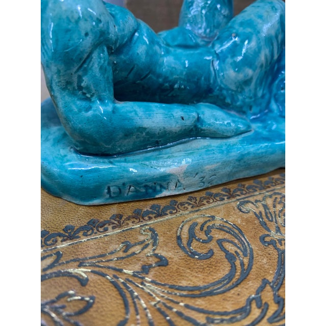 Pair of Signed 1932 Ceramic Glazed Faun Sculptures For Sale - Image 10 of 12